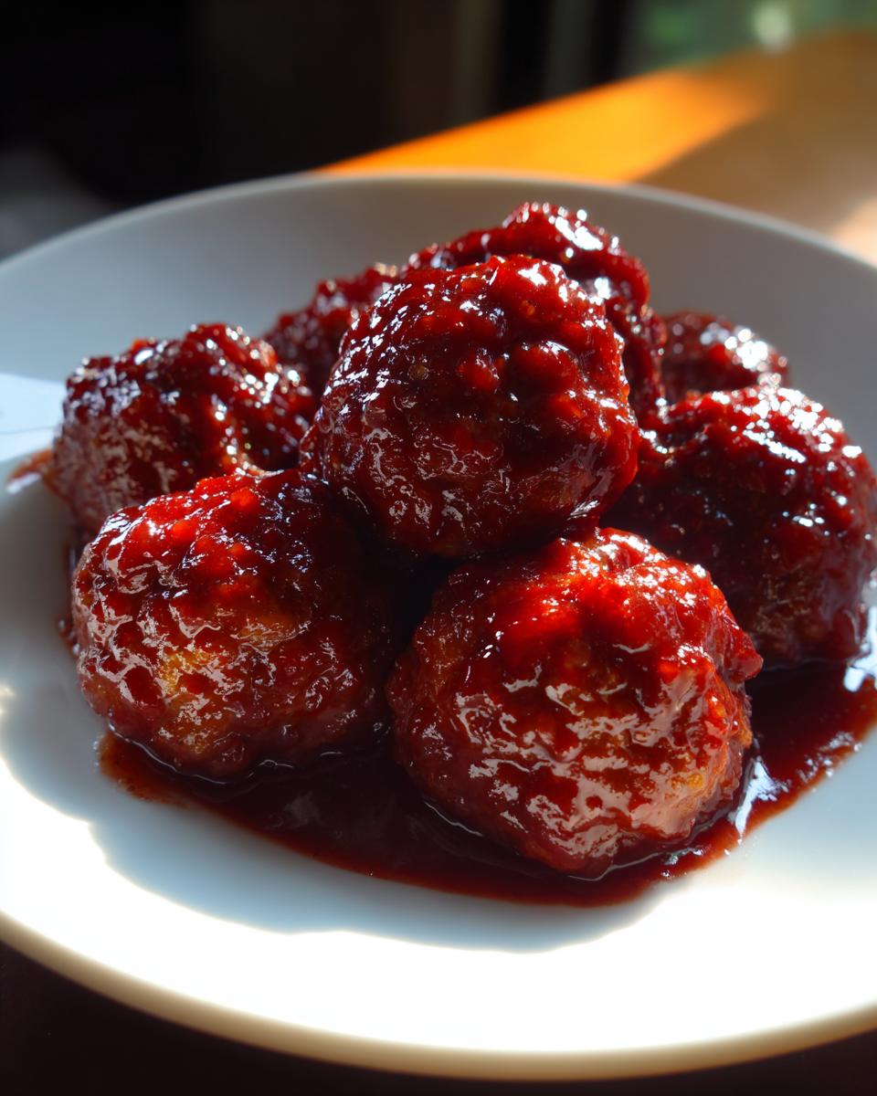 Close-up of several glossy, sauce-covered cocktail meatballs piled on a white plate.