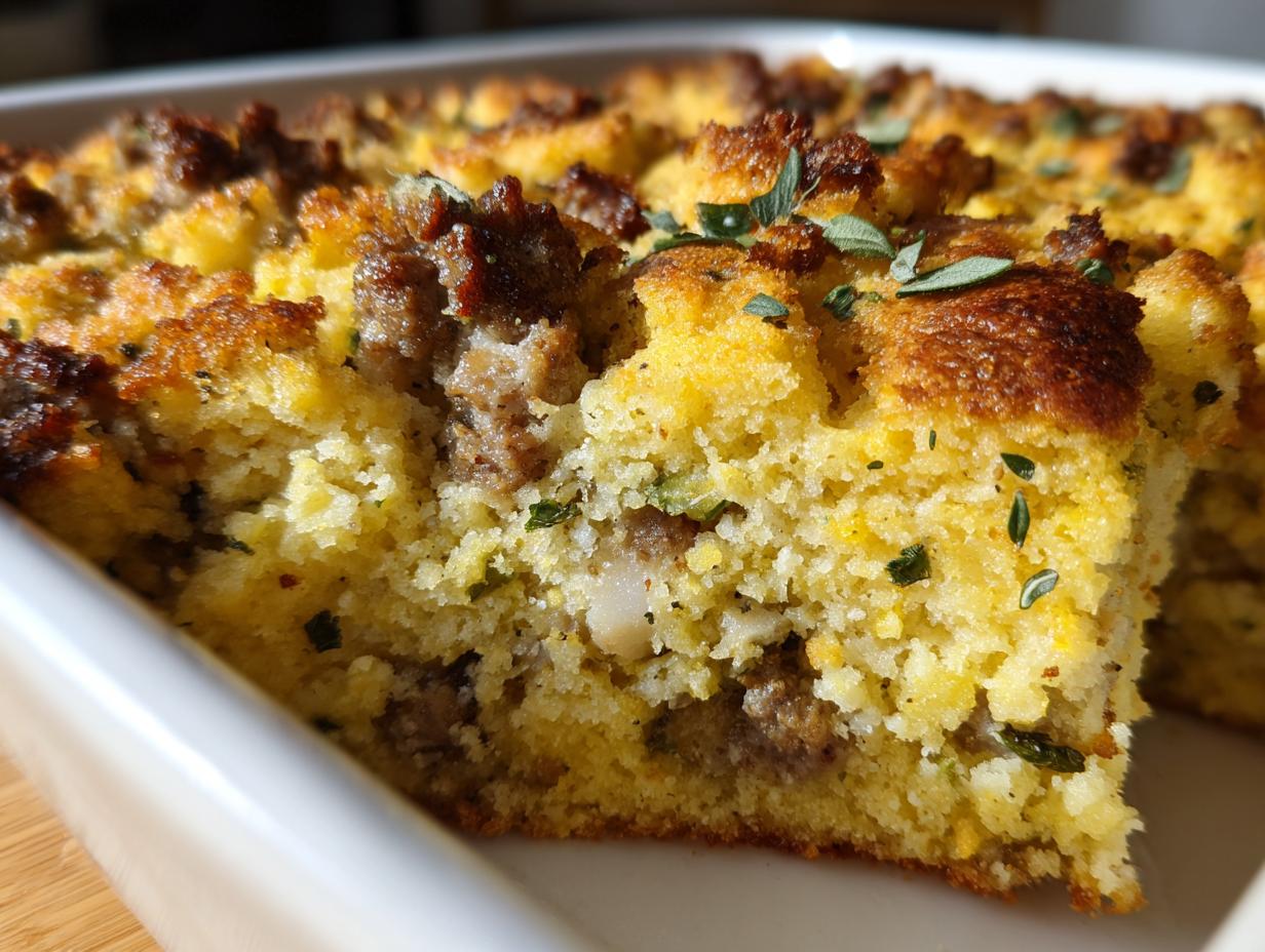 A close-up, angled view of moist, golden cornbread stuffing mixed with savory sausage chunks and topped with fresh herbs.