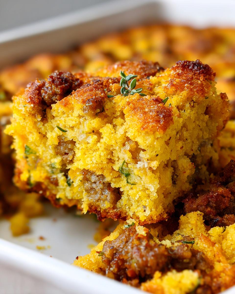 Close-up of a golden slice of sausage cornbread stuffing with a crispy top, garnished with thyme.
