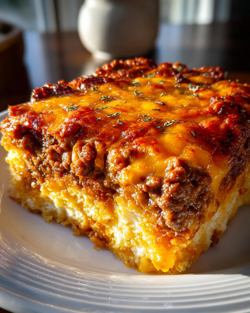 Close-up of a square slice of Dorito Casserole featuring a thick layer of seasoned ground meat and melted cheddar cheese.