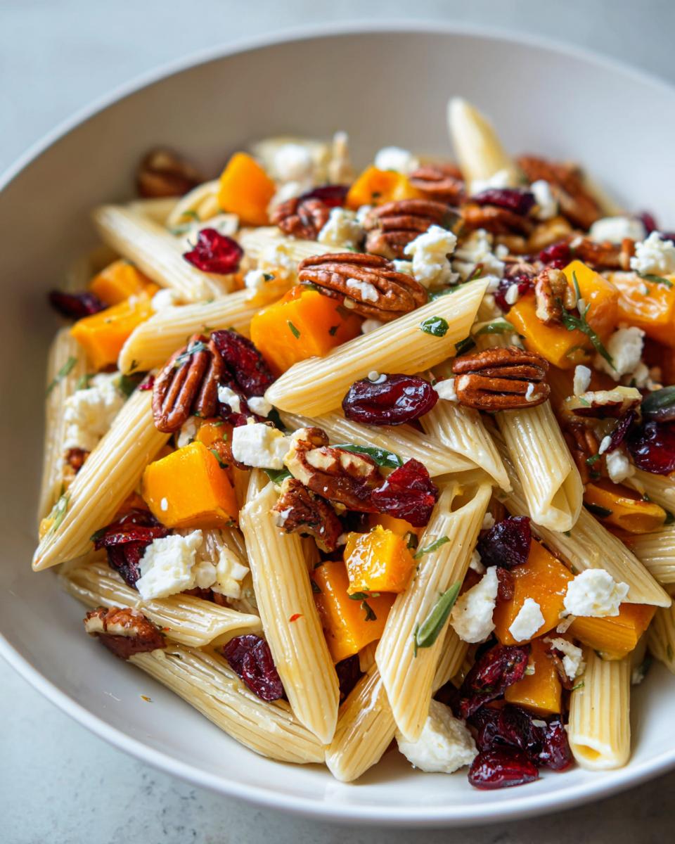 Close-up of a bowl filled with amazing fall pasta salad featuring penne, roasted butternut squash, pecans, cranberries, and feta.