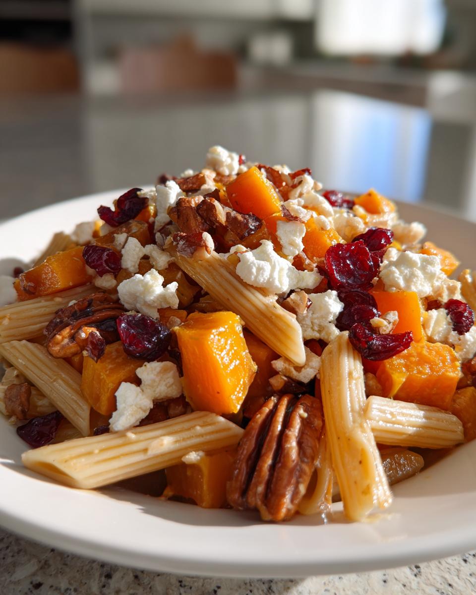 Close-up of a bowl featuring a vibrant fall pasta salad with penne, roasted squash, pecans, cranberries, and feta cheese.