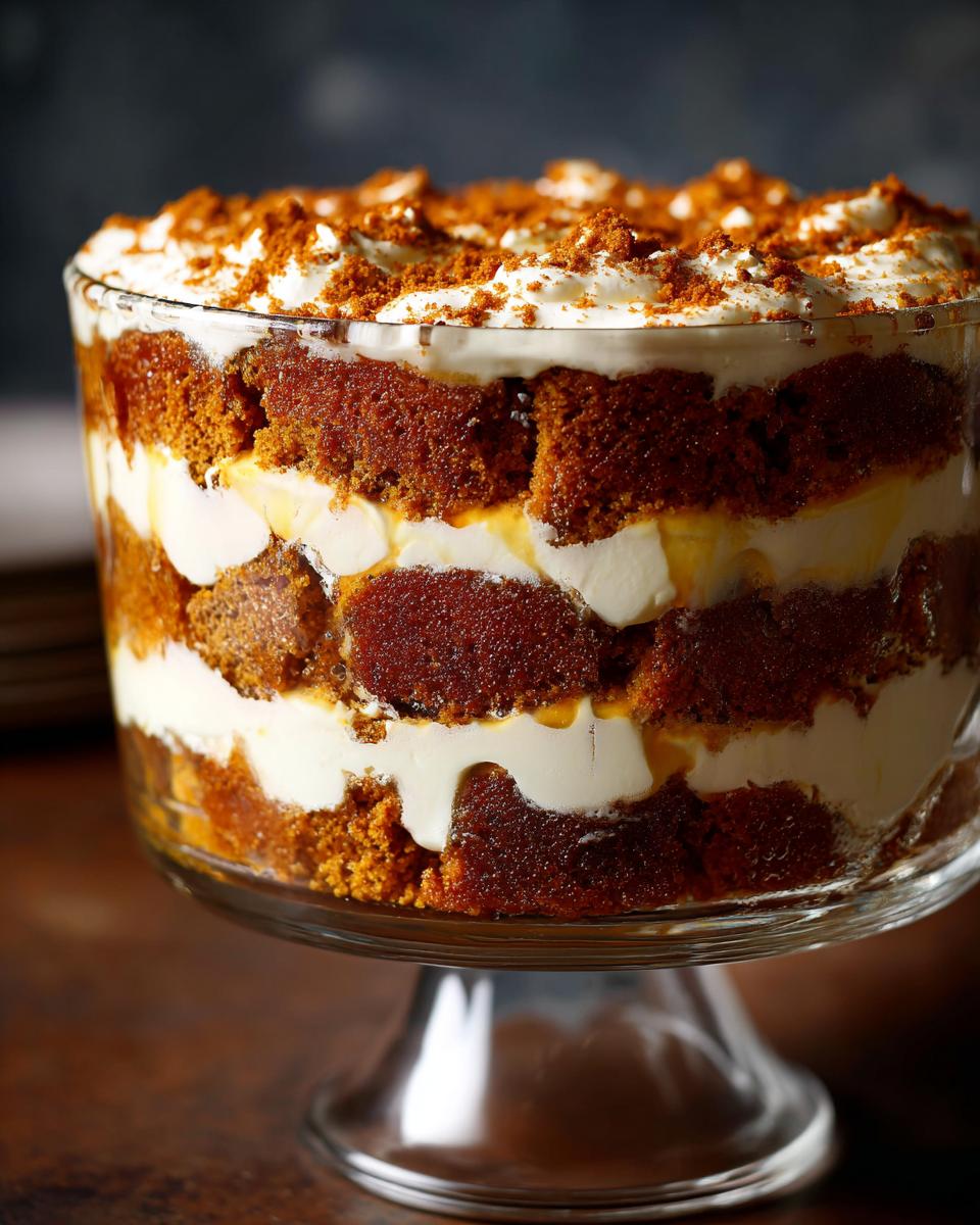 Close-up of a rich, layered gingerbread trifle featuring dark cake cubes, white cream, and a crumb topping in a glass footed bowl.