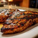 Close-up of juicy, charred chicken breasts coated in a rich grilled chicken marinade and topped with fresh herbs.