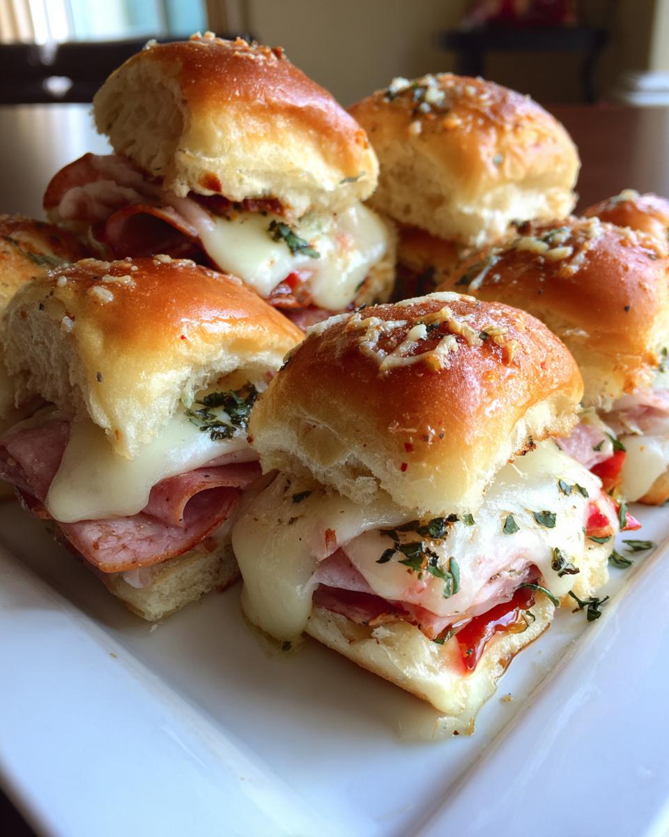 A close-up of several hot grinder sliders stacked on a white plate, featuring melted cheese and ham.
