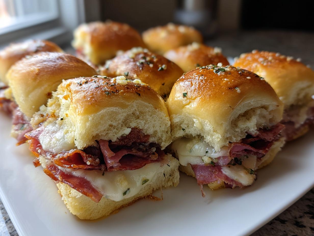 Close-up of several amazing grinder sliders piled high with deli meat and melted white cheese on a white platter.