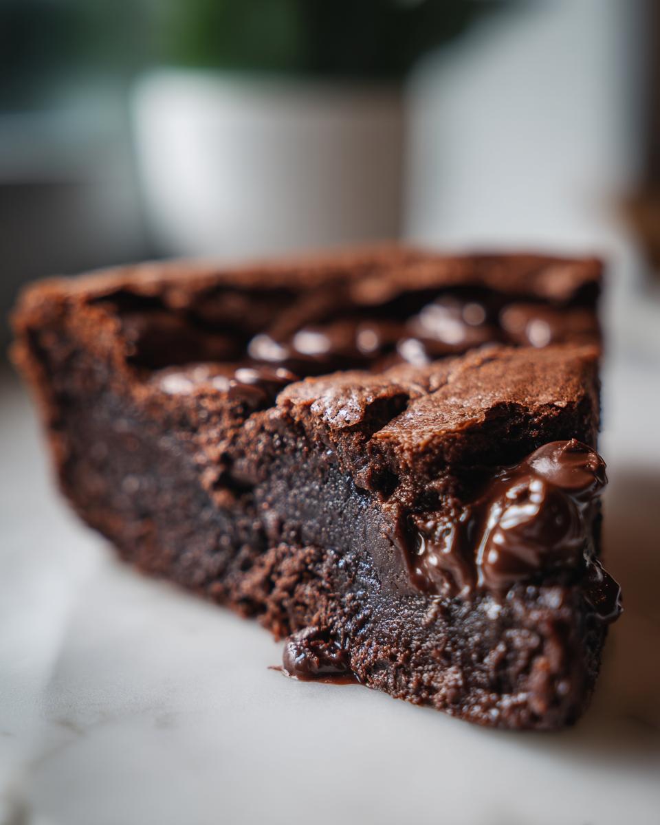 Close-up of a decadent slice of amazing hot fudge pie showing a gooey, molten chocolate center and chocolate chips.