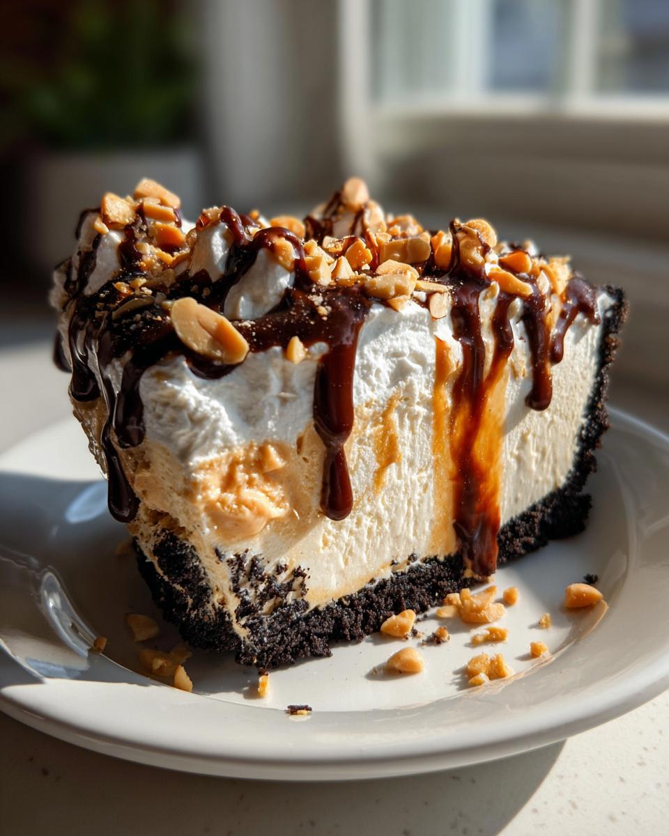 A decadent slice of peanut butter ice cream pie with a chocolate cookie crust, topped with whipped cream, chocolate syrup, and chopped peanuts.