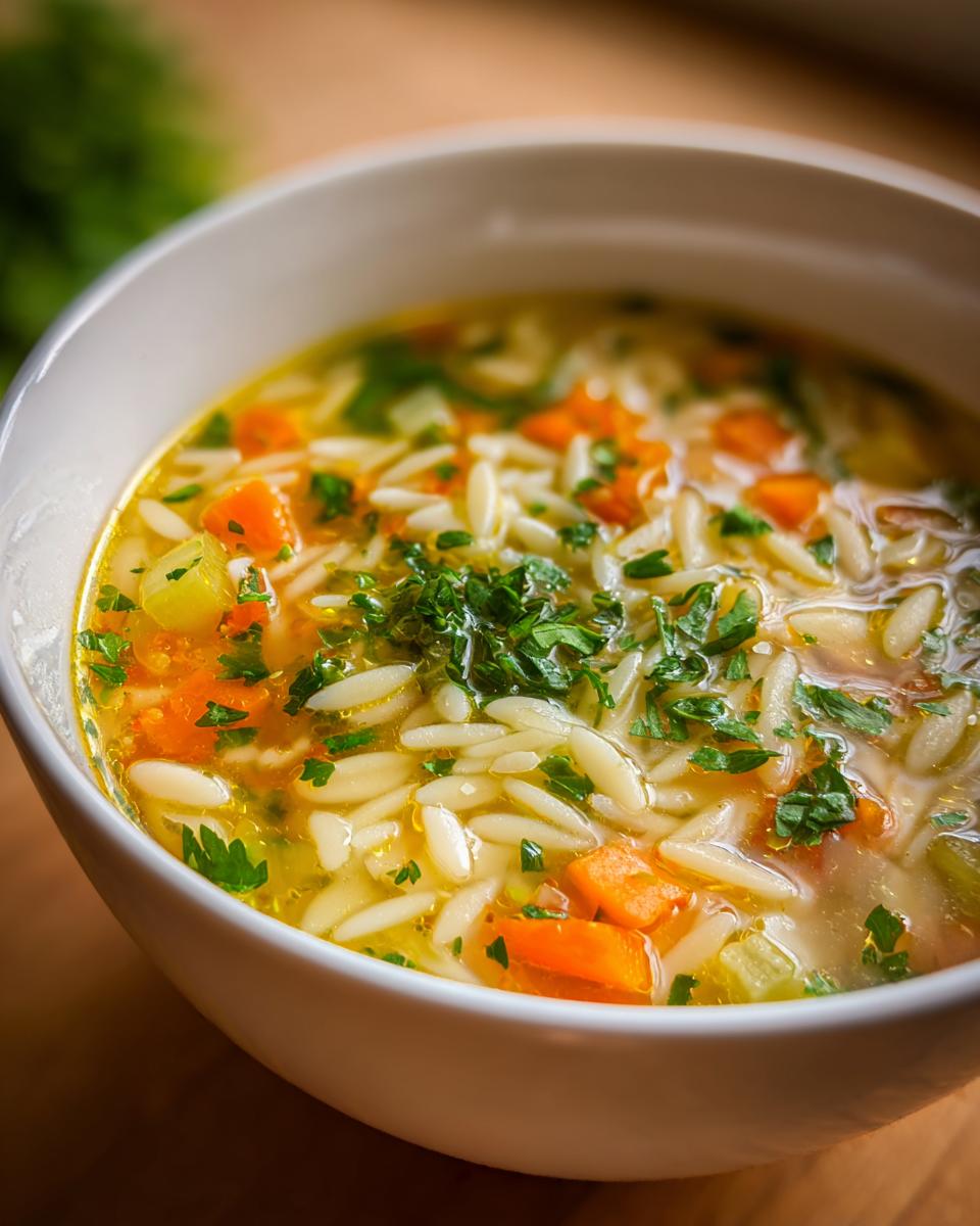 Close-up of a white bowl filled with hot penicillin soup, featuring orzo pasta, diced carrots, and fresh parsley garnish.