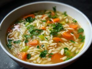 A close-up bowl of amazing penicillin soup featuring orzo pasta, bright orange carrots, celery, and fresh parsley garnish.