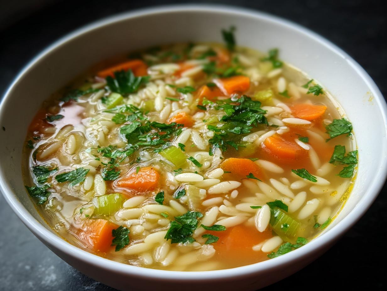 A close-up bowl of amazing penicillin soup featuring orzo pasta, bright orange carrots, celery, and fresh parsley garnish.