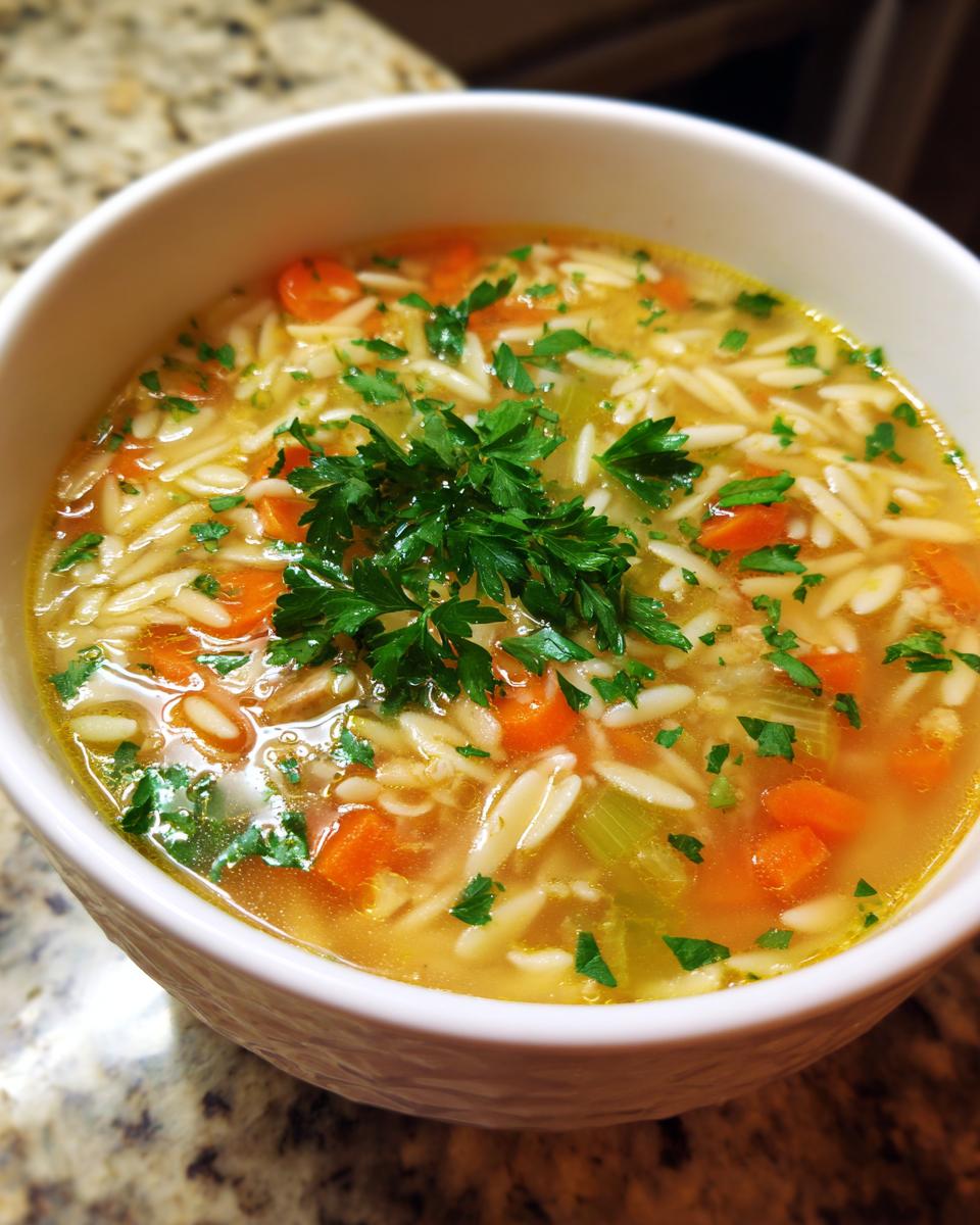 A close-up of a white bowl filled with amazing penicillin soup, featuring orzo pasta, carrots, celery, and fresh parsley garnish.