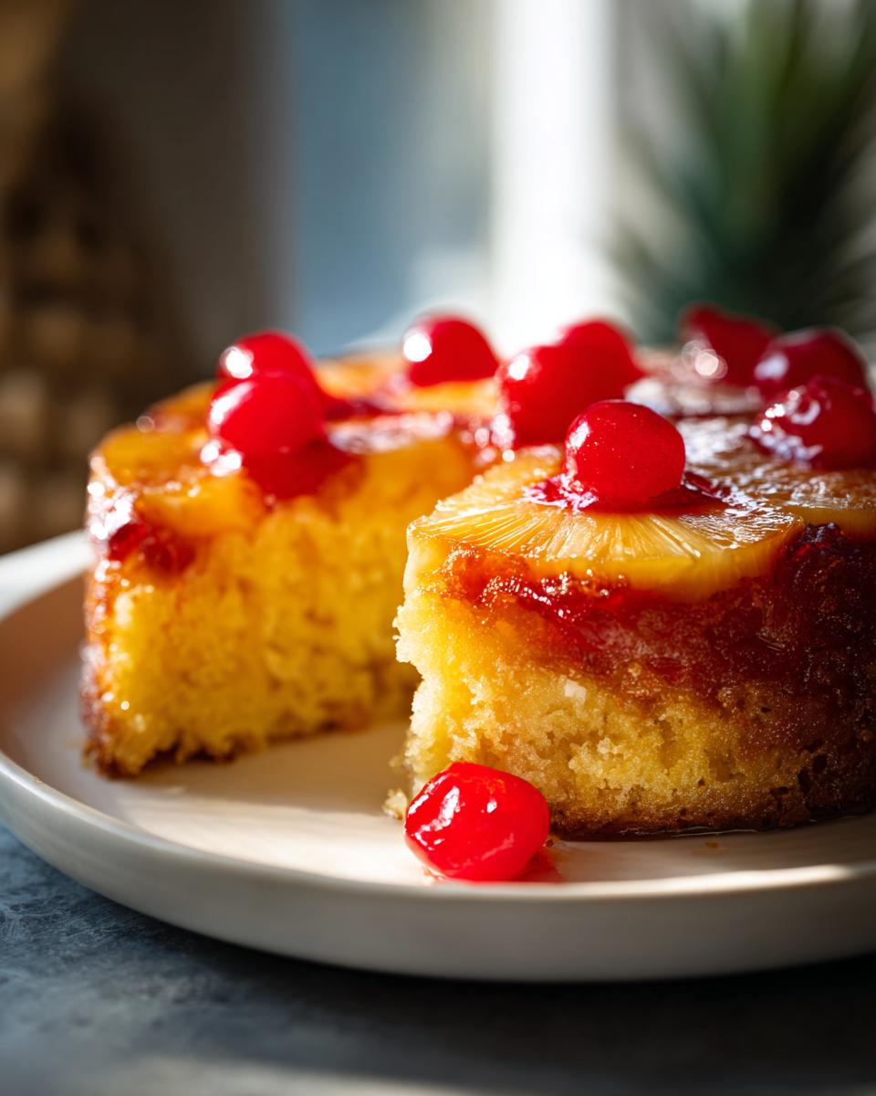 A close-up of a slice of moist pineapple upside down cake topped with caramelized pineapple rings and bright red maraschino cherries.