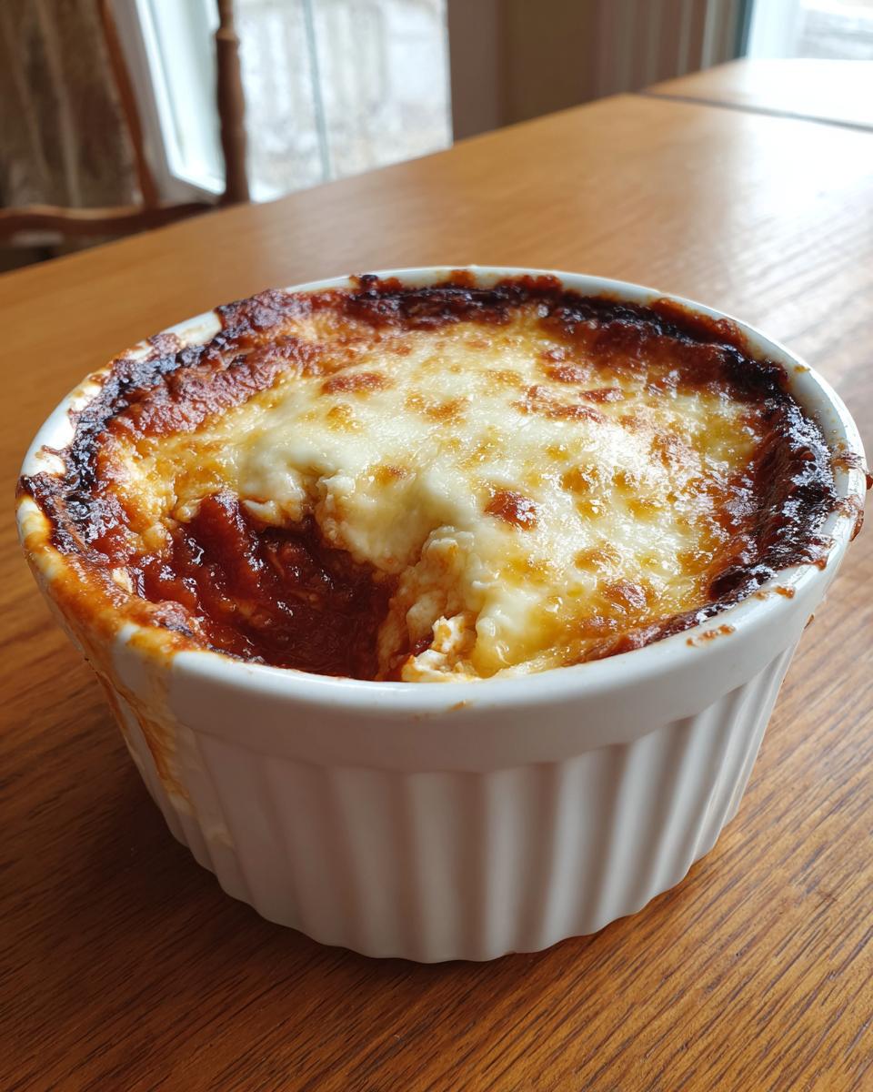 Close-up of a hot, bubbly pizza dip with melted, browned cheese topping in a white ramekin.