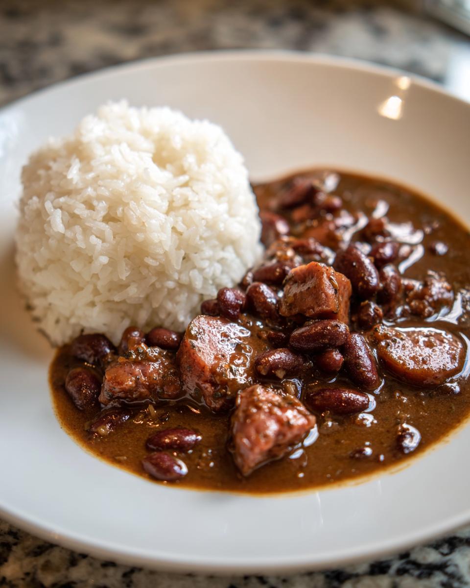 A close-up of a white plate featuring a scoop of white rice next to rich, savory red beans and rice with chunks of sausage.