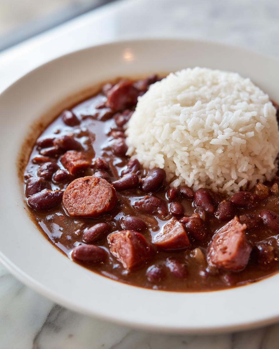 A close-up of a bowl of rich red beans and rice topped with sliced smoked sausage.