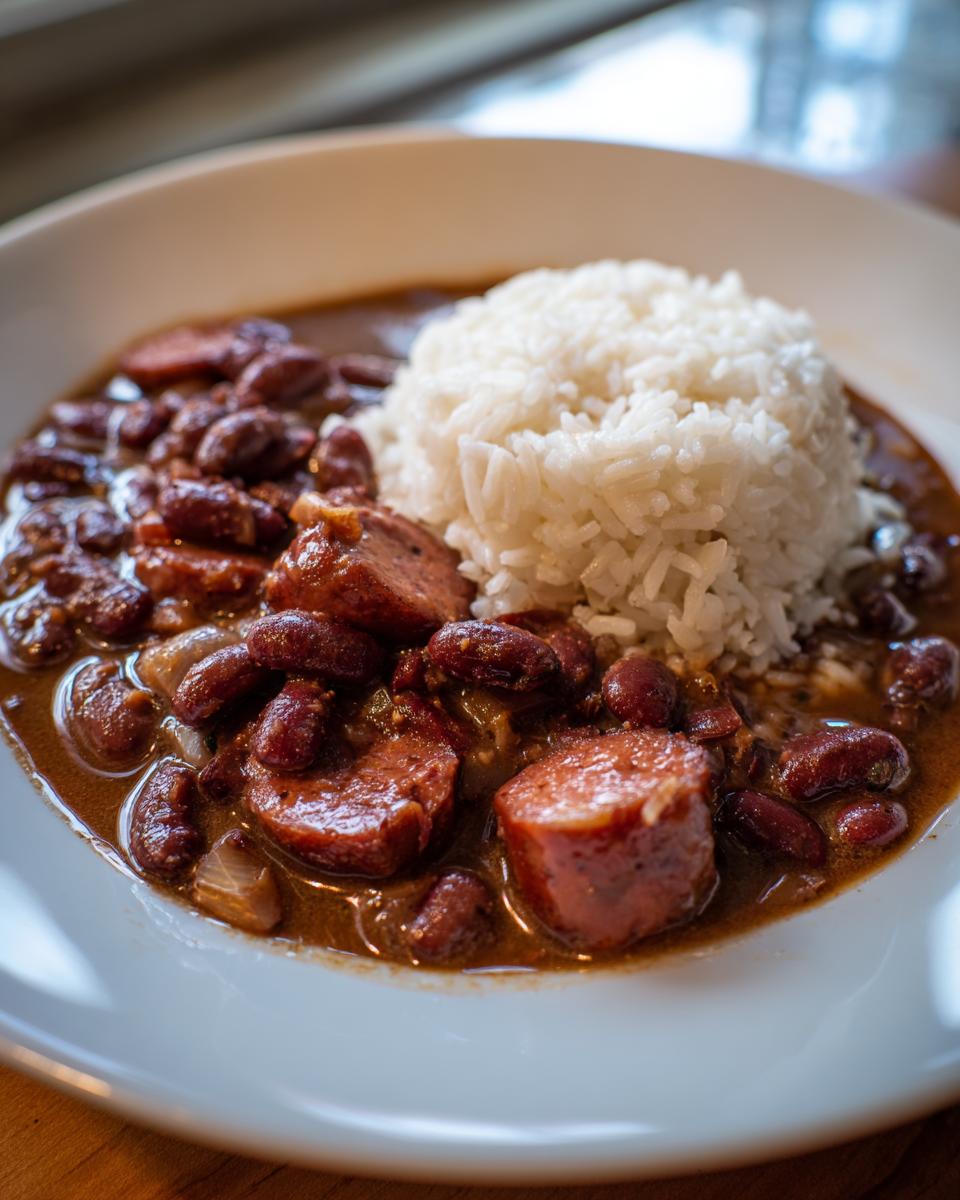 A close-up of a white bowl filled with rich red beans and rice, featuring slices of smoked sausage.