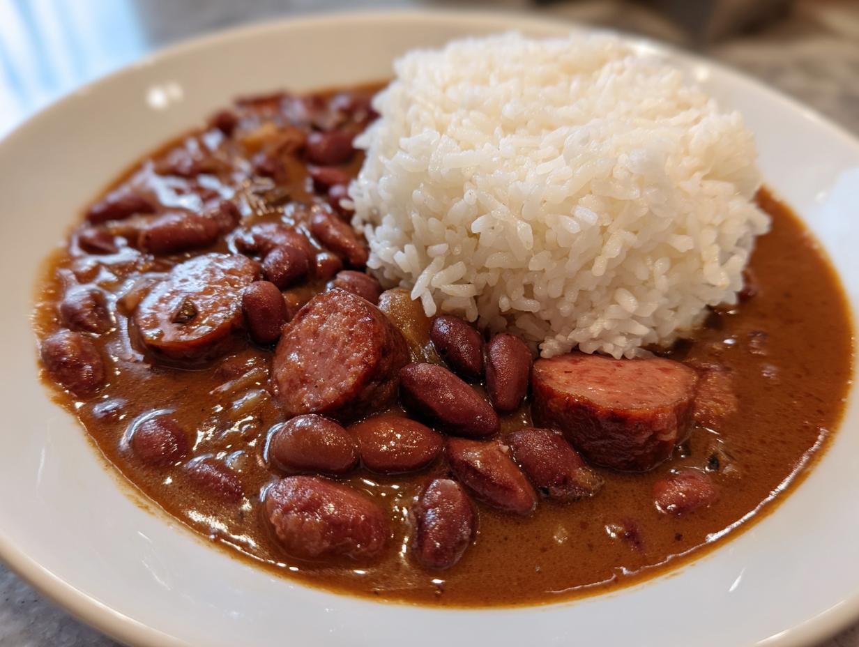 A close-up of a white plate featuring a serving of rich, brown red beans and rice with sliced smoked sausage.