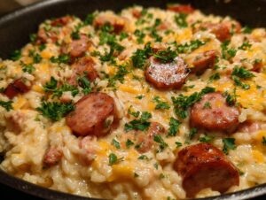 Close-up of creamy sausage and rice casserole topped with melted cheddar cheese and fresh parsley.