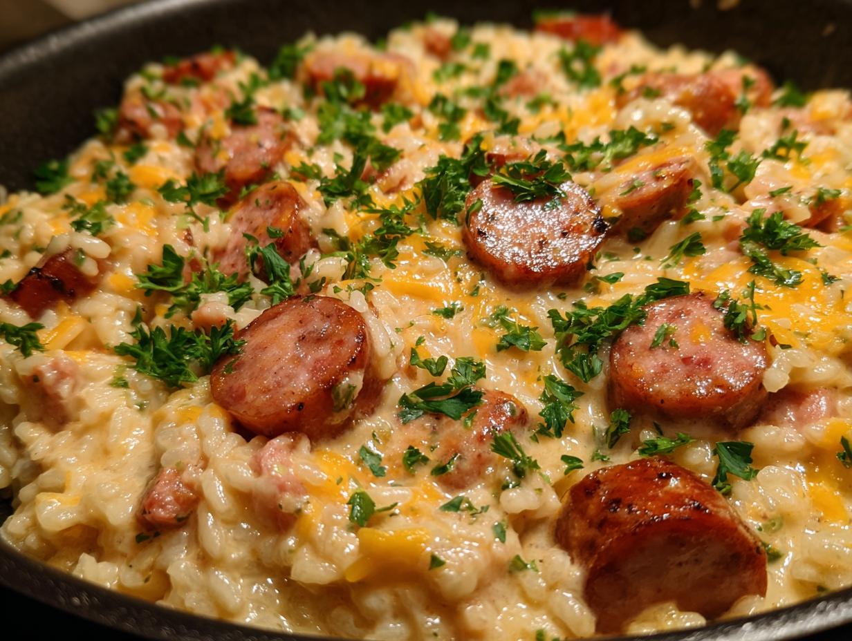 Close-up of creamy sausage and rice casserole topped with melted cheddar cheese and fresh parsley.