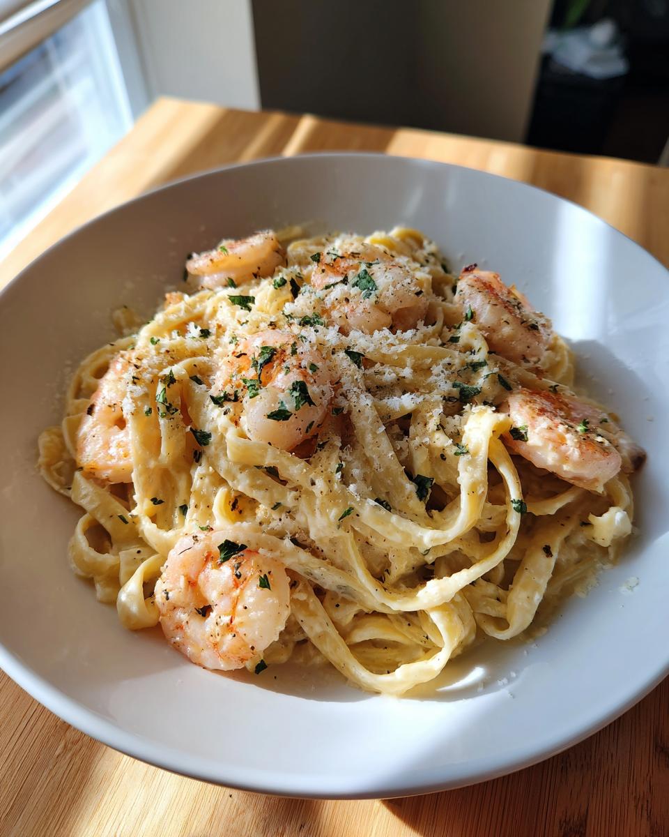 A close-up view of a bowl of creamy shrimp alfredo pasta, topped with grated cheese and parsley.