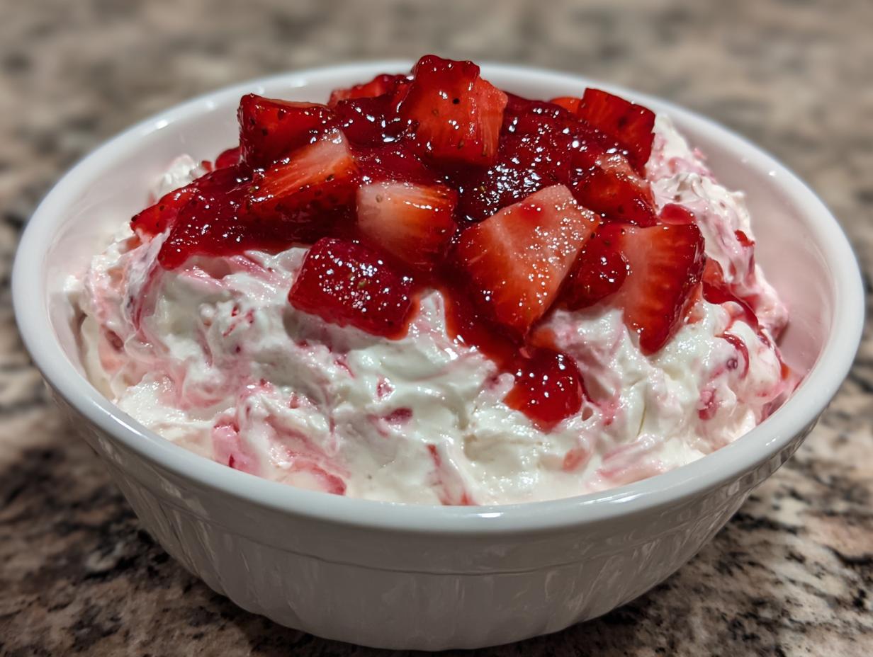 A white bowl filled with creamy strawberry cheesecake dip, topped generously with sliced strawberries and strawberry glaze.