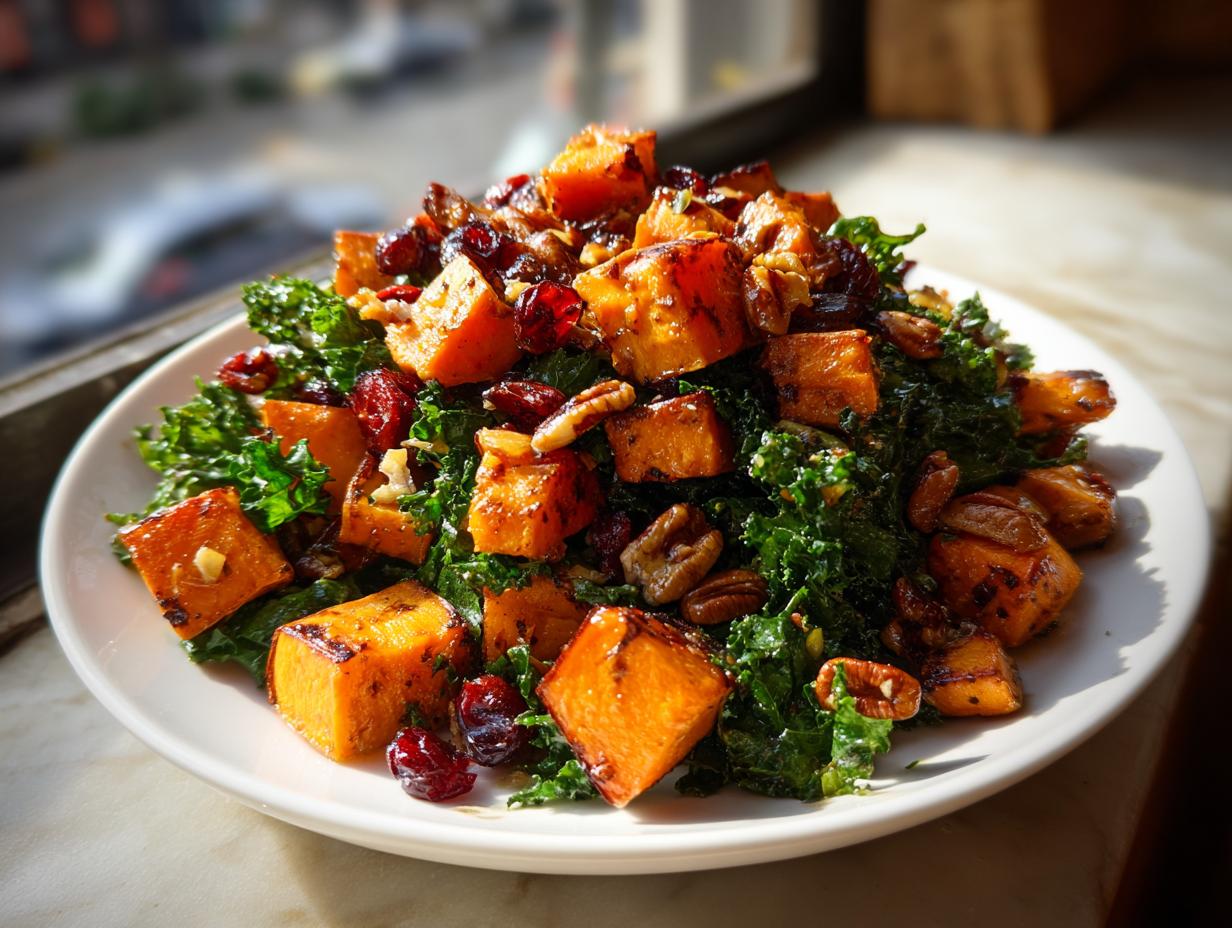 A vibrant plate of sweet potato salad featuring roasted sweet potato cubes, dark green kale, pecans, and dried cranberries.
