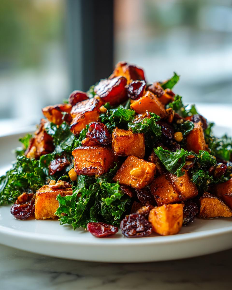 A mound of amazing sweet potato salad featuring roasted orange sweet potato cubes, dark green kale, and dried cranberries on a white plate.