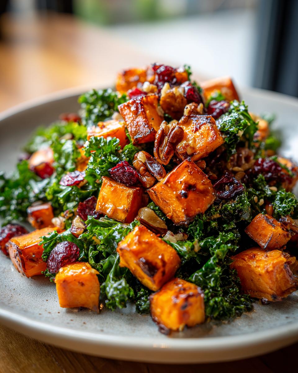 Close-up of a savory sweet potato salad featuring roasted sweet potato cubes, dark green kale, pecans, and dried cranberries.