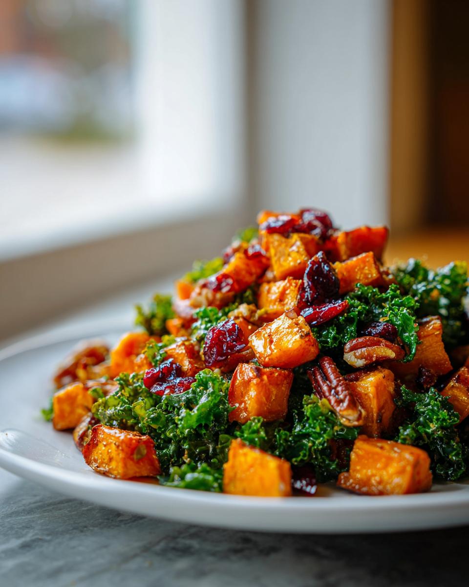 Close-up of a vibrant sweet potato salad featuring roasted orange sweet potato cubes, dark green kale, pecans, and dried cranberries.