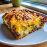 A square serving of tater tot breakfast casserole with browned cheese and sausage filling on a white plate.