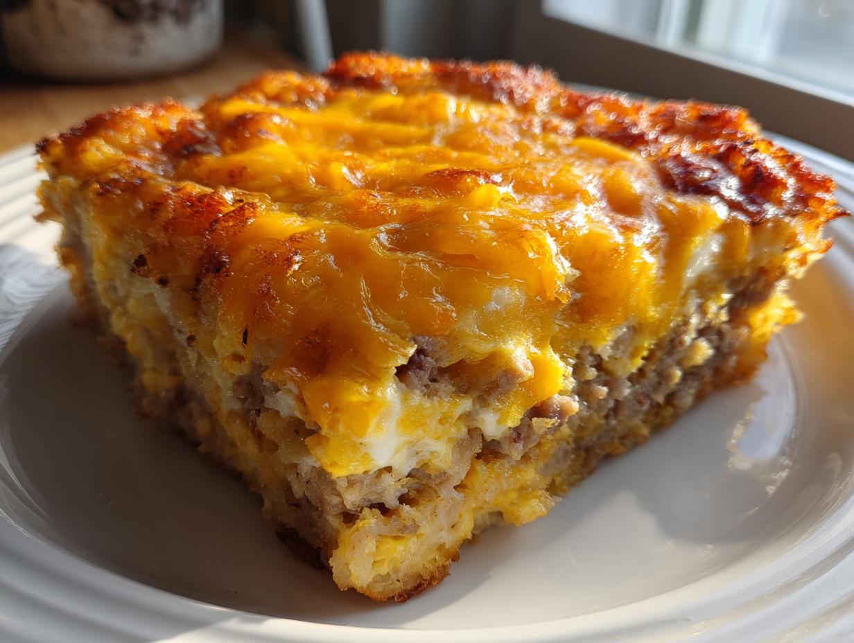 A close-up slice of tater tot breakfast casserole featuring melted cheddar cheese and sausage layers.