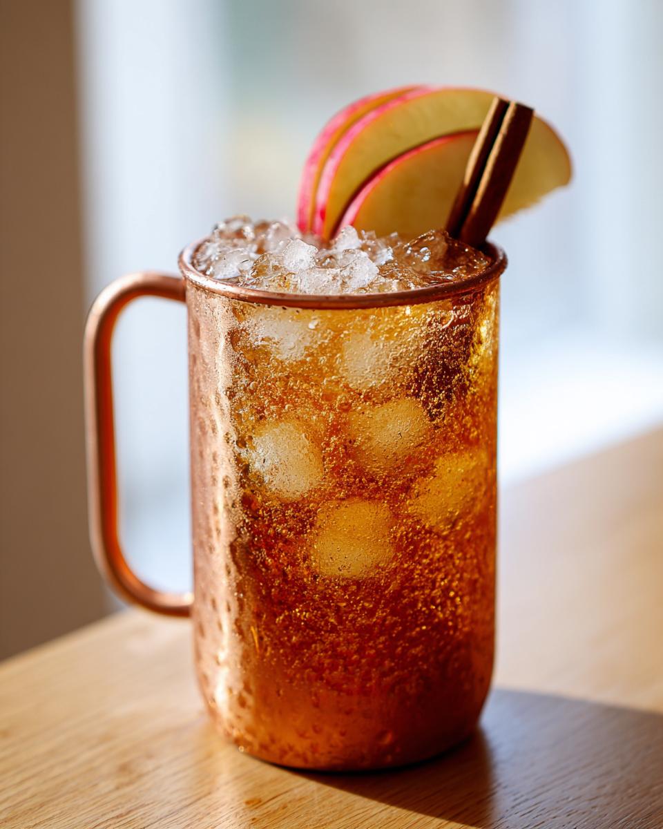A chilled apple cider moscow mule cocktail in a hammered copper mug garnished with apple slices and a cinnamon stick.