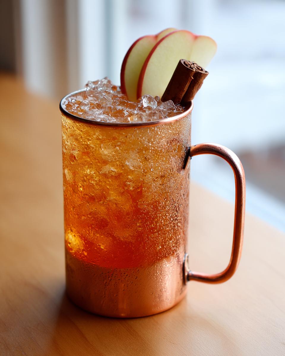 A frosty copper mug filled with an apple cider Moscow mule cocktail, garnished with apple slices and a cinnamon stick.