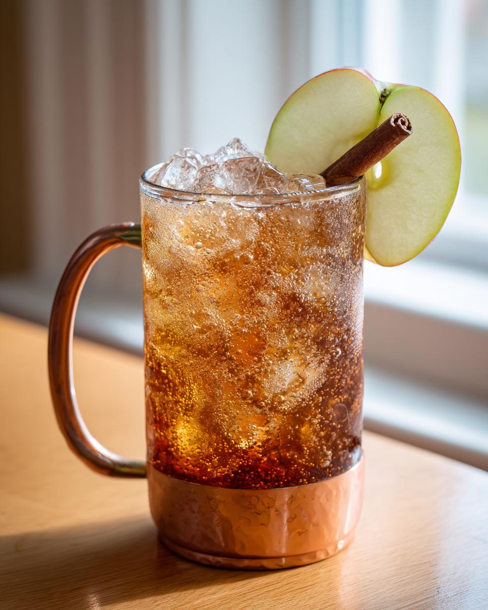 A fizzy apple cider moscow mule cocktail served over ice in a copper-bottomed mug, garnished with an apple slice and cinnamon stick.
