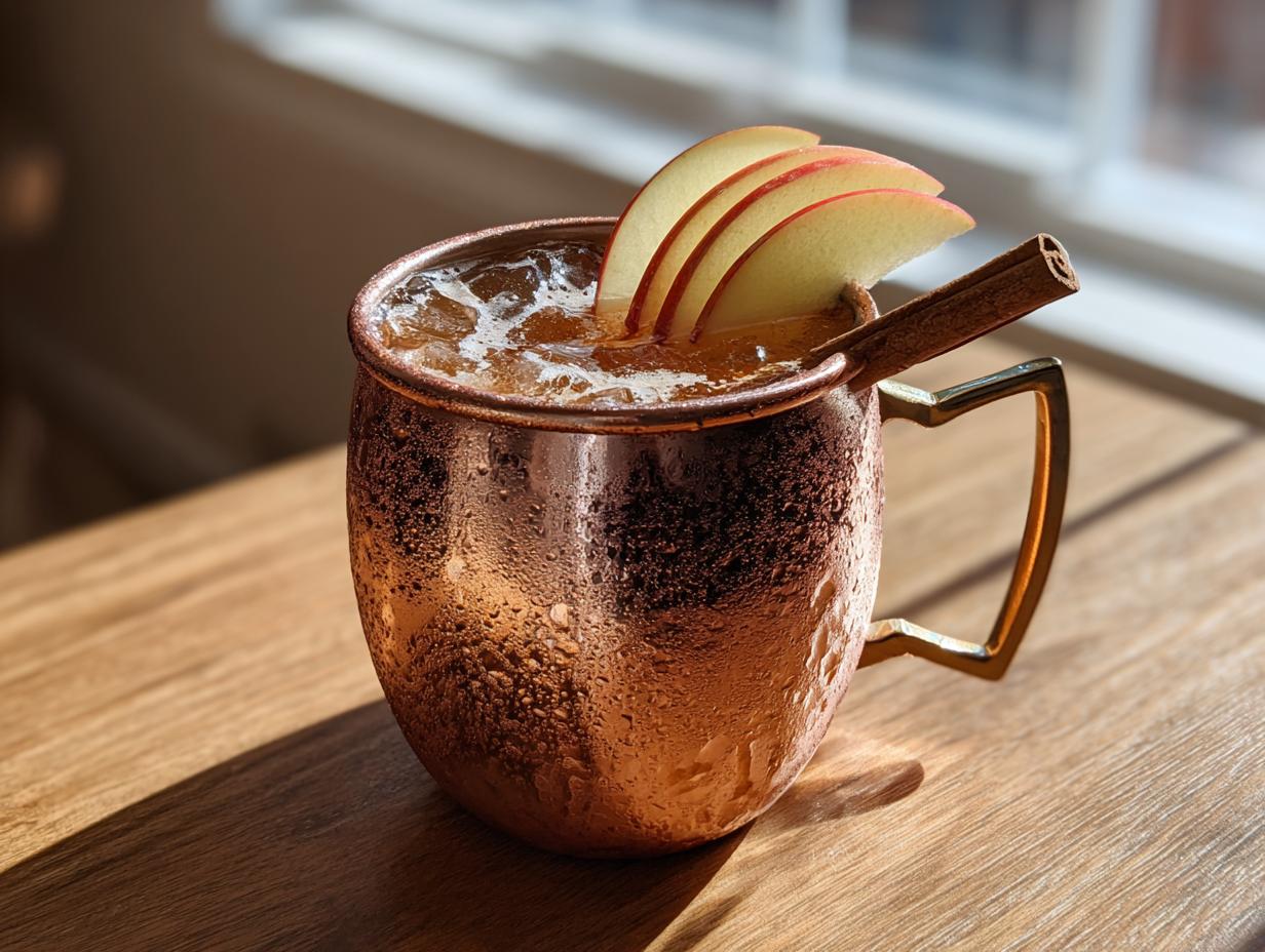 A frosty copper mug filled with an apple cider Moscow mule, garnished with apple slices and a cinnamon stick.