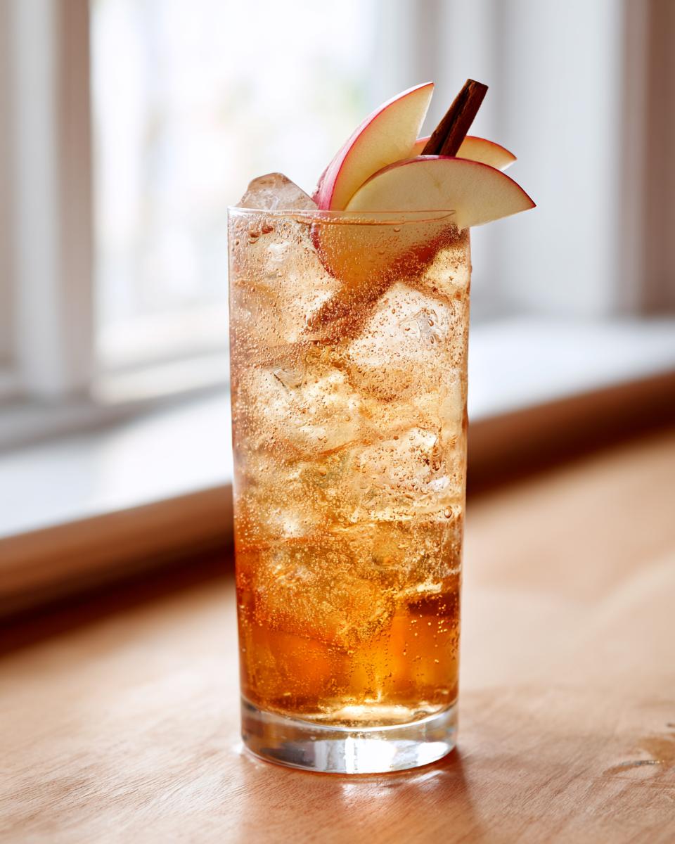 A tall, chilled glass filled with a fizzy apple cider Moscow mule, garnished with apple slices and a cinnamon stick.