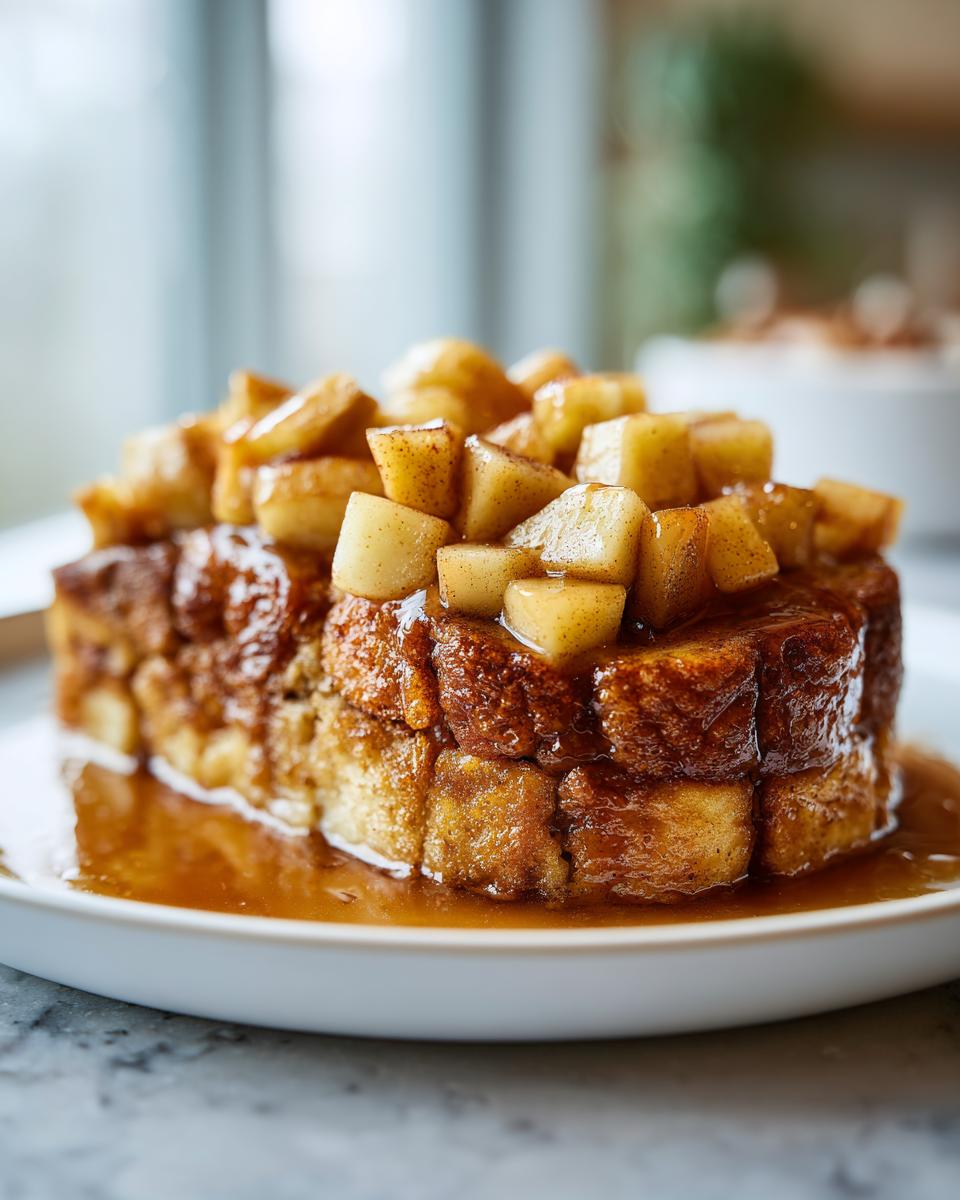 A square serving of Apple Cinnamon French Toast bake topped with caramelized apple chunks and syrup.