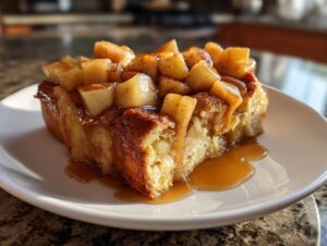 A close-up of a thick slice of Apple Cinnamon French Toast topped with caramelized apples and drizzled with sauce.