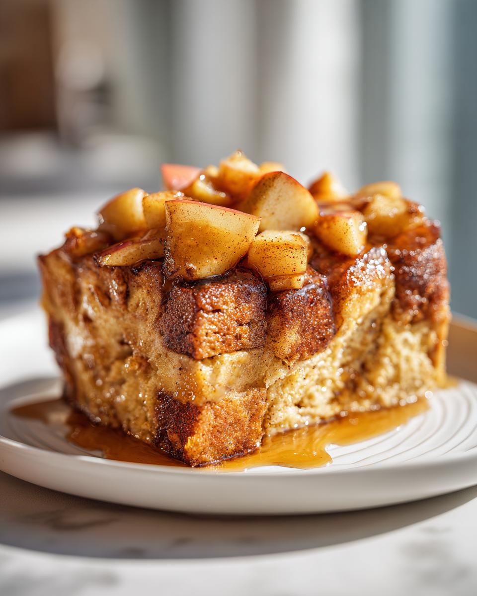 A close-up of a square serving of baked Apple Cinnamon French Toast topped with spiced apple chunks and syrup.