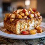 A thick slice of Apple Cinnamon French Toast topped with caramelized apples and syrup.