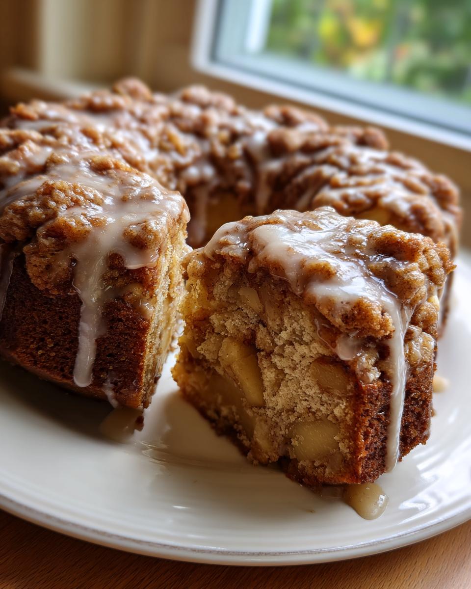 A slice cut from a bundt-style apple crumb cake, topped with streusel and drizzled with vanilla glaze.