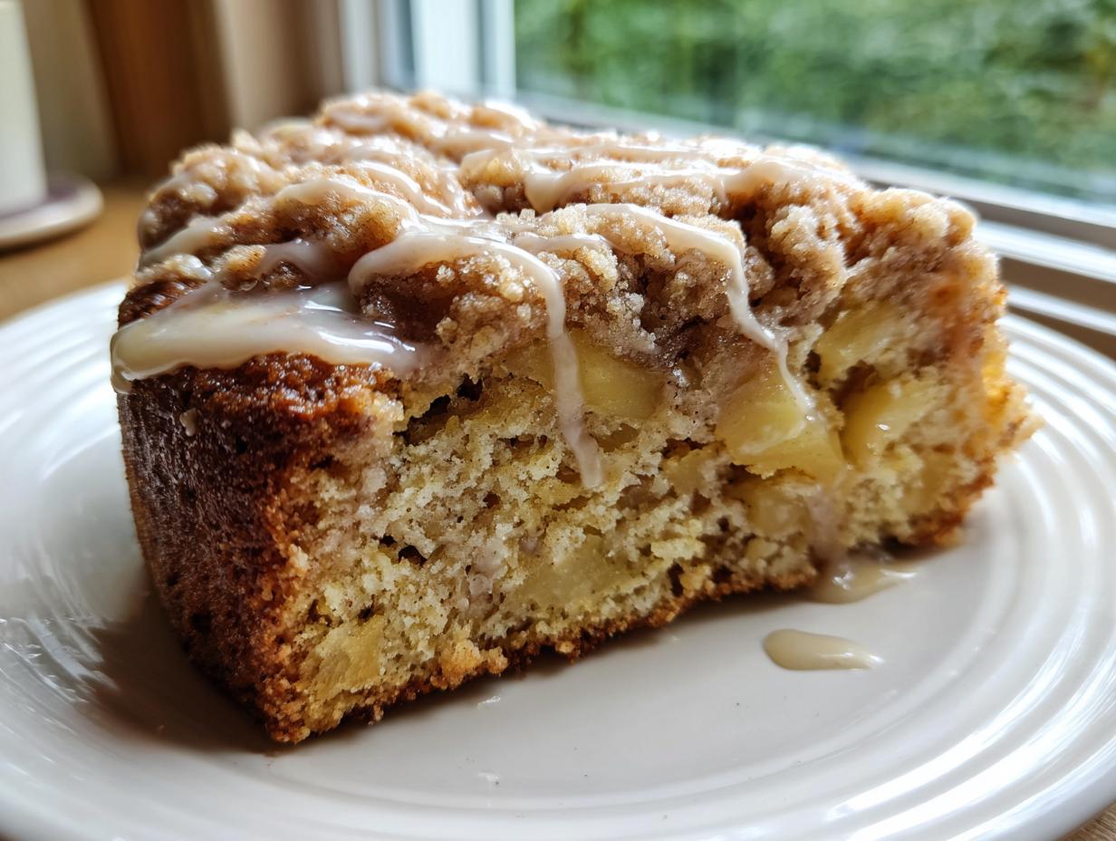 Close-up of a moist slice of apple crumb cake topped with streusel and a vanilla icing drizzle.