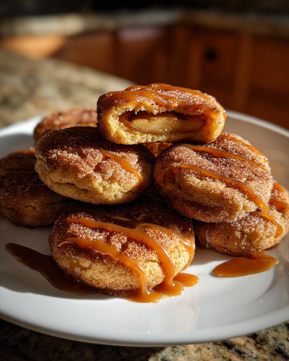 A stack of cinnamon-sugar coated apple pie cookies, one cut open to show the apple filling, drizzled with caramel sauce.