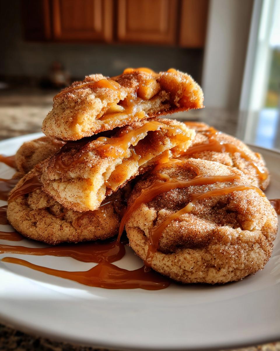 Close-up of soft apple pie cookies coated in cinnamon sugar, drizzled with caramel, one cookie broken open showing apple filling.