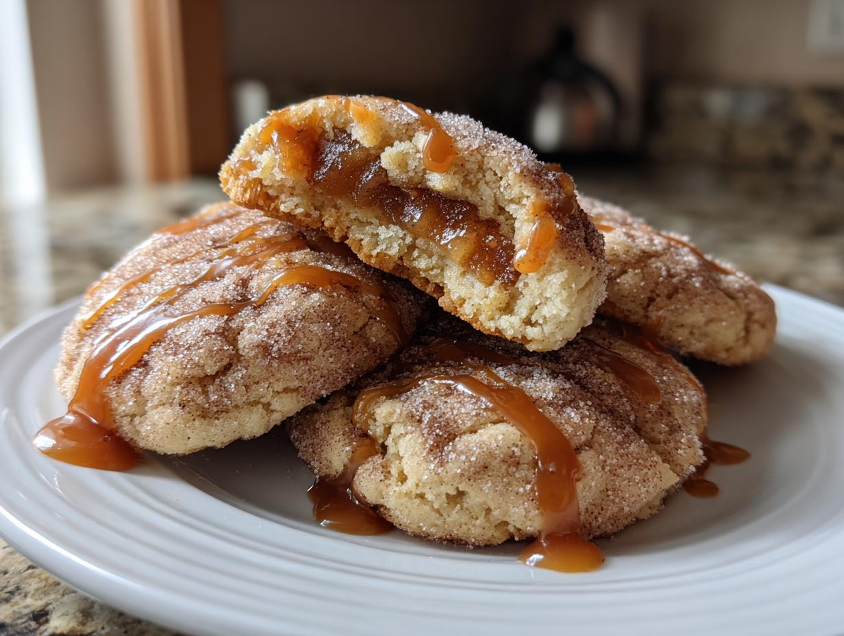 A stack of soft apple pie cookies coated in cinnamon sugar and drizzled with caramel sauce, one cookie is broken open showing the filling.