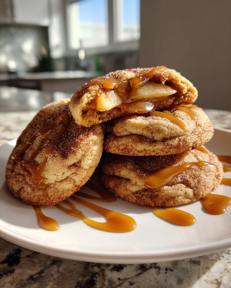Stack of cinnamon-sugar coated apple pie cookies, one broken open showing apple filling, drizzled with caramel sauce.