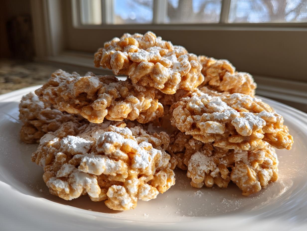 A stack of golden brown avalanche cookies dusted heavily with powdered sugar on a white plate.