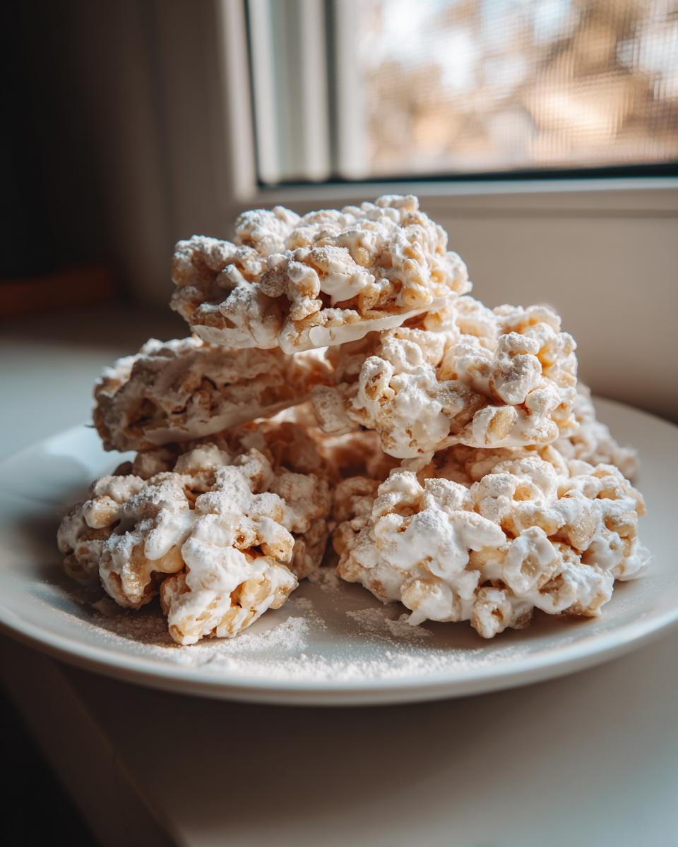A stack of homemade avalanche cookies coated in white chocolate and powdered sugar on a white plate.