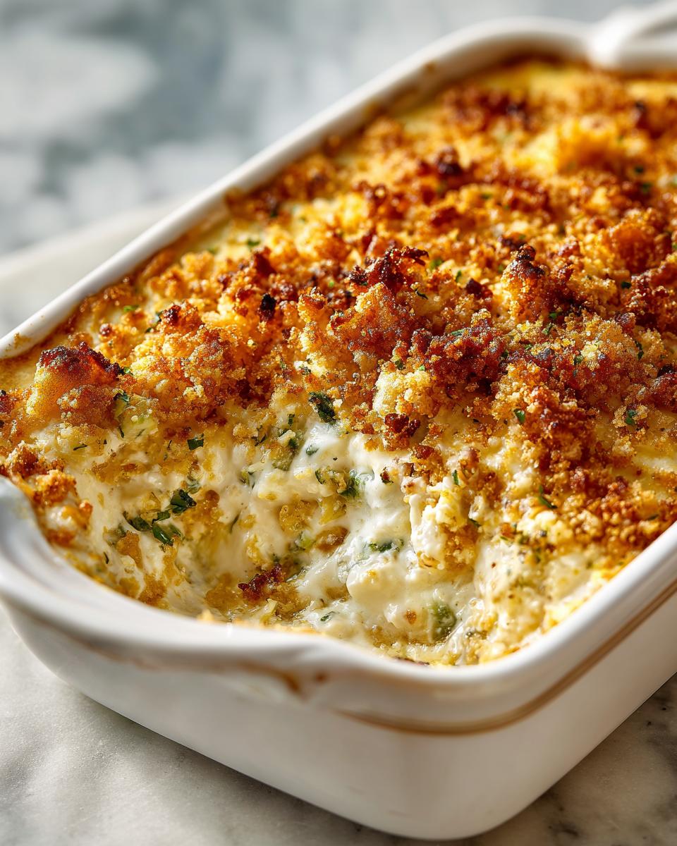 Close-up of hot, creamy Bacon Jalapeño popper dip in a white baking dish with a golden brown, crunchy topping.